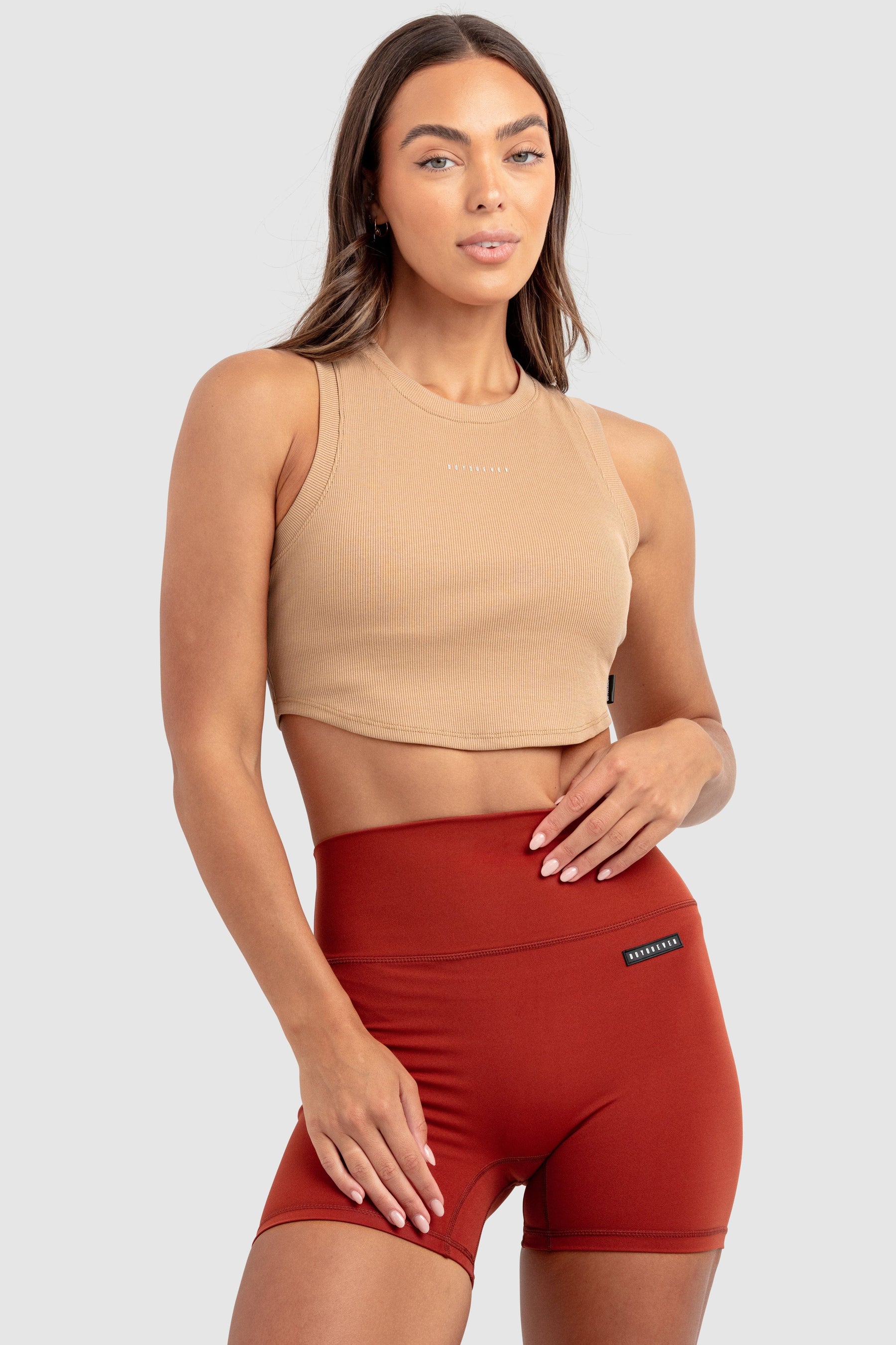 Conjunto Cropped Regata e Shorts Legging Feminino Scoop - Marrom Taupe